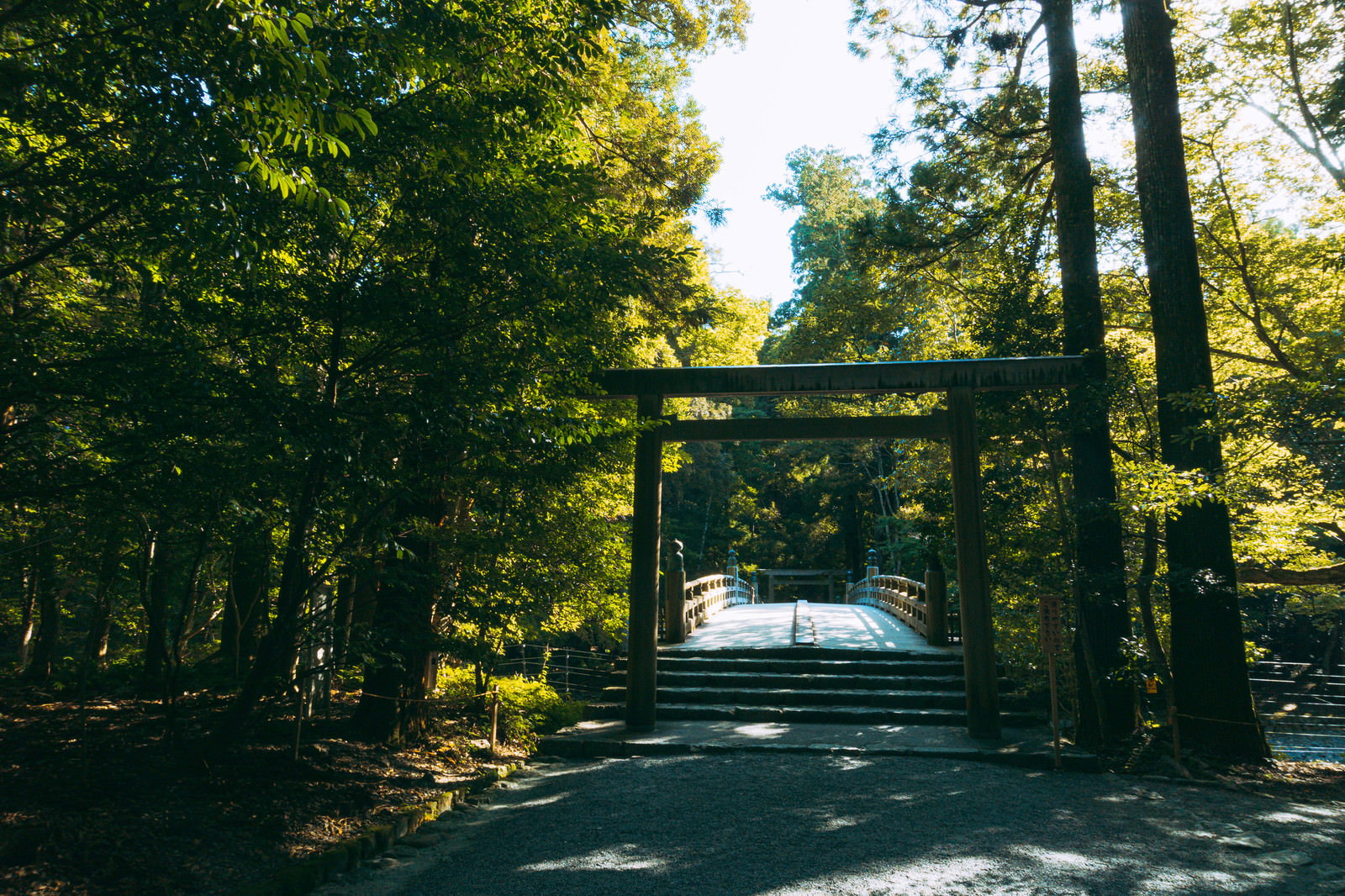 緑の木々に囲まれた朱色の鳥居の向こうに風日祈宮橋が見える神社の風景