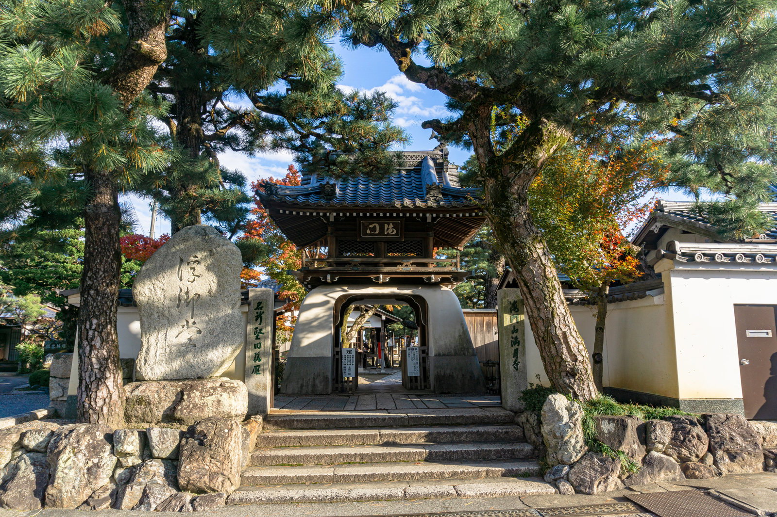 石段の上に建つ浮御堂の山門を松の木が囲む境内の風景