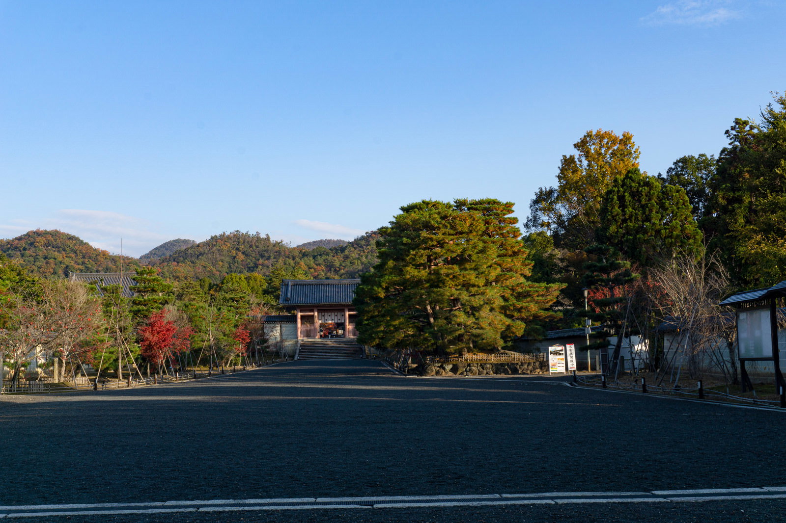 早朝の仁和寺境内で仁王門から中門へ続く砂利道