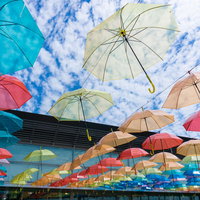 梅雨の合間の晴れた空に並ぶたくさんのカラフルな傘（道の駅パレットピアおおの 岐阜県）の写真